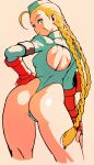  1girl antenna_hair ass blonde_hair blue_eyes blue_leotard breasts butt_crack cammy_white fingerless_gloves from_behind gauntlets gloves hand_on_hip highres imo_akiminoriko large_breasts leotard long_hair looking_at_viewer scar scar_on_face solo street_fighter street_fighter_zero_(series) twintails 