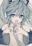  1girl bangs blue_eyes blue_hair blue_nails blue_neckwear blurry collared_shirt commentary_request deep_(deep4946) depth_of_field detached_sleeves eyebrows_visible_through_hair fang grey_background hair_between_eyes hands_up hatsune_miku heart heart-shaped_pupils heart_hands highres long_hair looking_at_viewer nail_polish necktie open_mouth shirt skin_fang sleeveless sleeveless_shirt solo symbol-shaped_pupils twintails upper_body vocaloid white_shirt 