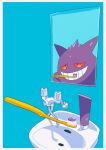  border bottle brushing_teeth commentary_request faucet gen_1_pokemon gengar grin half-closed_eyes highres mirror no_humans pokemon pokemon_(creature) reflection saiku_(zvlku) sink smile solo teeth toothbrush toothpaste white_border 