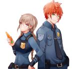  1boy 1girl badge bangs belt belt_buckle belt_pouch braid buckle carrot closed_mouth commentary green_eyes grey_hair hair_between_eyes hand_on_hip highres holding holding_carrot judy_hopps long_hair long_sleeves looking_at_viewer necktie nick_wilde orange_hair police police_uniform policewoman pouch short_hair simple_background smile twin_braids uniform violet_eyes white_background xip3 zootopia 