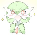  +_+ 1girl bangs blush blush_stickers bob_cut clenched_hands colored_skin commentary cropped_torso eyebrows_visible_through_hair eyes_visible_through_hair fang flat_chest gardevoir gen_3_pokemon gradient gradient_background green_hair green_skin hair_between_eyes hands_up happy looking_at_viewer lotosu multicolored multicolored_skin open_mouth pokemon pokemon_(creature) red_eyes short_hair simple_background sketch skin_fang smile solo sparkle two-tone_skin upper_body white_background white_skin 