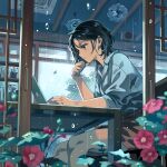  1girl bf._(sogogiching) black_eyes black_hair blurry blurry_foreground computer earrings flower jewelry laptop original profile rain short_hair sitting solo stud_earrings table 