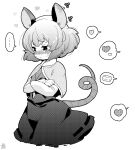  1girl animal_ears artist_logo bangs black_skirt black_vest blush cheese commentary_request cowboy_shot cropped_legs crossed_arms embarrassed food greyscale heart jewelry long_sleeves monochrome mouse_ears mouse_tail nazrin pendant shirt short_hair simple_background skirt solo spoken_heart spoken_object sweat tail tanasuke touhou vest white_background white_shirt 