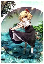  1girl black_dress blonde_hair collared_shirt cravat dress hair_ribbon highres mizumoto_tadashi red_eyes red_neckwear red_ribbon ribbon rumia shirt short_hair solo touhou white_shirt youkai 