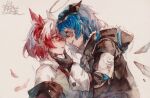  2girls absurdres after_kiss animal_ears arknights bird_ears black_gloves black_jacket blue_eyes blue_hair blue_tongue blush chin_grab chinese_commentary colored_tongue demon_horns eye_contact fur-trimmed_hood fur_trim gloves hair_between_eyes halo highres hood horns huge_filesize jacket long_hair looking_at_another mostima_(arknights) moyu_marginal multiple_girls necktie noses_touching red_eyes red_neckwear redhead saliva saliva_trail shirt short_hair simple_background suffering_(arknights) sweatdrop upper_body white_shirt yuri 