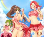 3girls alternate_breast_size bangs beach bikini bikini_skirt blush bow bracelet breasts brown_eyes brown_hair circlet closed_eyes clouds collarbone cowboy_shot cute dragon_wings english_commentary eyebrows_visible_through_hair fire_emblem fire_emblem:_mystery_of_the_emblem fire_emblem:_shadow_dragon fire_emblem_heroes flat_chest food frilled_bikini frilled_swimsuit frills fruit green_eyes green_hair groin hair_between_eyes hair_ornament hair_ribbon happy highres holding holding_food human ice_cream ice_cream_cone igni_tion innertube intelligent_systems jewelry large_breasts lens_flare linde_(fire_emblem) linea_alba long_hair manakete microskirt multiple_girls navel nintendo norne_(fire_emblem) official_alternate_costume one-piece_swimsuit open_mouth parted_bangs pink_bikini pink_bow pink_hair pink_ribbon pink_scrunchie pink_swimsuit pointy_ears ponytail red_sarong ribbon sarong scrunchie shadow short_hair short_hair_with_long_locks sideboob skirt smile star_(symbol) star_hair_ornament strawberry summer super_smash_bros. swimsuit thick_thighs thigh_strap thighs tiki_(fire_emblem) very_long_hair water_drop wings young