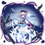  1girl 2021 absurdres bangs beads bird blush braid coin_hair_ornament crow dated flower full_moon genshin_impact graveyard hair_ornament hat highres holding holding_flower jewelry jiangshi long_hair long_sleeves looking_at_viewer monkfish992 moon necklace night night_sky purple_hair purple_headwear qing_guanmao qiqi_(genshin_impact) sky solo talisman thigh-highs violet_eyes vision_(genshin_impact) 