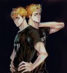  2boys bangs black_background blonde_hair brown_eyes closed_mouth dual_persona eyebrows haikyuu!! hand_on_own_neck hands_on_hips jersey looking_at_another male_focus miya_atsumu multicolored_hair multiple_boys older short_hair smile sportswear time_paradox toned toned_male two-tone_hair ummm_mmma upper_body volleyball_uniform 