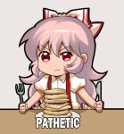  1girl angry bow butter_knife chibi collared_shirt english_commentary english_text eyebrows_visible_through_hair food food_request fork fujiwara_no_mokou grey_background hair_between_eyes hair_bow jokanhiyou long_hair looking_at_viewer lowres meme plate red_eyes shirt short_sleeves silver_hair solo suspenders table touhou v-shaped_eyebrows 