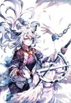  1girl absurdres ahoge animal_ears arknights artist_name black_jacket black_shirt chain chained_wrists feathered_wings feathers floating_hair grey_eyes hand_grab highres holding holding_sword holding_weapon jacket lappland_(arknights) lappland_(refined_horrormare)_(arknights) messy_hair moyu_marginal official_alternate_costume open_clothes open_jacket scar scar_across_eye shirt smile solo statue sword upper_body weapon white_background white_hair wings wolf_ears 