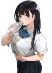  1girl bangs black_hair black_skirt blue_eyes blue_neckwear blush bottle bow bowtie bra_through_clothes breasts collared_shirt drinking highres large_breasts lips long_hair looking_at_viewer original parted_lips pleated_skirt sakura_no_tomoru_hi_e school_uniform shirt short_sleeves simple_background skirt solo sweat water water_bottle white_background white_shirt 