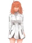  ahoge breasts cowboy_shot dress fate/grand_order fate_(series) fujimaru_ritsuka_(female) hair_between_eyes highres kulissara-aung large_breasts long_sleeves looking_at_viewer lostbelt_op2_uniform medium_hair orange_eyes orange_hair parted_lips simple_background standing teeth white_background 