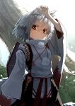  1girl animal_ears detached_sleeves futatsuki_eru highres inubashiri_momiji orange_eyes shield short_hair silver_hair solo sweat touhou wiping_sweat wolf_ears 