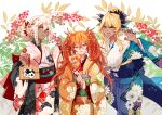  3girls ahoge blonde_hair character_request commentary_request dark_skin eyebrows_visible_through_hair fate/grand_order fate_(series) hair_bun hair_ornament holding japanese_clothes kimono lakshmibai_(fate) looking_at_viewer multiple_girls open_mouth orange_eyes orange_hair rama_(fate) red_eyes sakuramochi1003 sita_(fate) smile standing tongue twintails 