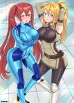 2girls absurdres adjusting_hair alternate_breast_size alternate_costume armpits arms_up artist_name ass bangs belt belt_buckle blonde_hair blue_eyes blush bodysuit breasts buckle closed_mouth commentary commission cosplay costume_switch covered_navel crossed_arms crossover detached_sleeves english_commentary eyebrows_visible_through_hair fingerless_gloves fire_emblem fire_emblem_awakening gloves hair_between_eyes highres kaos_art large_breasts long_hair looking_at_viewer metroid mole mole_under_mouth multiple_girls open_mouth outdoors ponytail red_eyes redhead samus_aran samus_aran_(cosplay) serena_(fire_emblem) severa_(fire_emblem) severa_(fire_emblem)_(cosplay) skin_tight sleeveless smile twintails zero_suit 