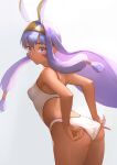  1girl adjusting_clothes adjusting_swimsuit animal_ears ass back bangs bare_shoulders blush breasts closed_mouth commentary_request dark-skinned_female dark_skin earrings facepaint facial_mark fate/grand_order fate_(series) hair_between_eyes hair_tubes hairband highres hoop_earrings jackal_ears jewelry long_hair looking_at_viewer low-tied_long_hair medium_breasts nitocris_(fate) nitocris_(swimsuit_assassin)_(fate) one-piece_swimsuit otsukemono purple_hair revision sidelocks simple_background solo swimsuit thighs very_long_hair violet_eyes white_swimsuit 