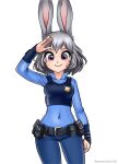  1girl animal_ears badge bangs belt belt_buckle belt_pouch blue_shirt buckle closed_mouth grey_hair hair_between_eyes judy_hopps long_sleeves looking_at_viewer police police_uniform policewoman pouch rabbit_ears racoon-kun salute shirt short_hair simple_background smile uniform violet_eyes white_background zootopia 