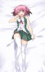  1girl bangs bed_sheet blush breasts brown_hair colored_tips eyebrows_visible_through_hair fang green_skirt hair_between_eyes highres kantai_collection kunashiri_(kancolle) lying medium_breasts medium_hair multicolored_hair navel on_back open_mouth orange_eyes picoli1313 pink_hair pleated_skirt shirt skin_fang skirt sleeveless sleeveless_shirt solo thigh-highs two_side_up white_legwear 
