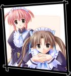  2girls brown_eyes brown_hair cosmos_no_sora_ni koizumi_marine maid maid_headdress pink_hair sakuma_haruhi twintails waitress 