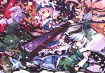  butterfly cherry_blossoms closed_fan crease fan floral_print flower folding_fan ghost hairband hat highres ideolo japanese_clothes katana konpaku_youmu konpaku_youmu_(ghost) myon orange_eyes pink_hair saigyouji_yuyuko short_hair silver_hair stairs sword touhou weapon 