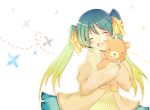  blush happy hatsune_miku multicolored_hair nabisuke open_mouth ribbon simple_background smile stuffed_animal stuffed_toy teddy_bear twintails vocaloid 