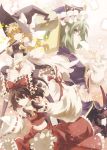  3girls 9ji blonde_hair bow braid brown_hair detached_sleeves green_eyes green_hair hair_bow hair_ribbon hakurei_reimu hat hat_ribbon kirisame_marisa mound_of_venus multiple_girls navel red_eyes ribbon shikieiki_yamaxanadu touhou witch_hat yellow_eyes 