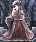  bangs blunt_bangs book bow chin_rest crescent hair_bow hat highres long_hair open_book patchouli_knowledge purple_hair red_eyes ribbon sitting smile throne touhou tree vetina water 