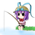 blush_stickers chibi fishing fishing_rod hat holding holding_fishing_rod ichimi nagae_iku purple_hair simple_background sitting solid_circle_eyes solo touhou