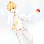  apple blonde_hair blue_eyes food fruit gloves holding holding_fruit kagamine_len male necktie solo tama_(songe) vocaloid 