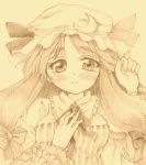  colored_pencil_(medium) crescent crescent_moon frills hand_on_own_chest hat long_hair lowres momobi_ran monochrome patchouli_knowledge ribbon sepia solo striped touhou traditional_media 