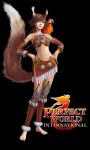  3d animal_ears arm_warmers barefoot bird brown_hair feathers hands_on_hips leg_warmers logo midriff parrot perfect_world perfect_world_international short_hair simple_background tail venomancer(character) 