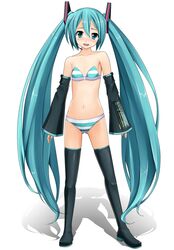  aqua_eyes aqua_hair bikini blush boots bra detached_sleeves eto hatsune_miku lingerie long_hair panties simple_background solo striped striped_panties swimsuit thigh-highs thigh_boots thighhighs twintails underwear very_long_hair vocaloid 