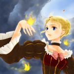  blonde_hair blue_eyes bow butterfly choker dress frilled_dress frills frilly_dress hair_bun sky solo togeari_kaisanbutsu umineko_no_naku_koro_ni wind 