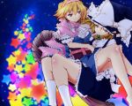  alice_margatroid barefoot blonde_hair book dress haruyonoto headband kirisame_marisa multiple_girls pigtail star stars touhou yellow_eyes 