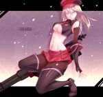  arisa_iriinchina_amieera blonde_hair blue_eyes boots breasts fingerless_gloves gloves god_eater god_eater_burst gun hat long_hair mogu pantyhose plaid plaid_skirt skirt solo tartan thigh_boots thighhighs under_boob underboob weapon 