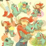  1girl brown_hair grass happy hat hat_ribbon hug kotone_(pokemon) musical_note overalls pokemon pokemon_(creature) pokemon_(game) pokemon_gsc red_ribbon ribbon short_hair thighhighs totodile yapo_(mess) 