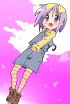  from_below highres hiiragi_tsukasa lucky_star overalls pink_legwear purple_eyes purple_hair short_hair striped striped_legwear tea_(084630000) thigh-highs thighhighs violet_eyes 