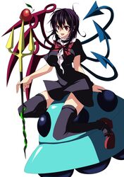  bad_id black_hair black_legwear black_thighhighs dress houjuu_nue polearm red_eyes riku_yama short_hair solo thigh-highs thighhighs touhou trident ufo weapon wings 