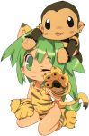  animal_ears blade_(artist) blade_(lovewn) cat_ears chamcham gloves green_eyes green_hair long_hair monkey paku_paku paw_gloves queen's_gate samurai_spirits snk tail tiger_print wink 