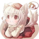  1girl animal_ears blush chibi detached_sleeves doromizu hat inubashiri_momiji red_eyes short_hair solo tail tail_wagging tokin_hat touhou translated white_hair wolf_ears wolf_tail 