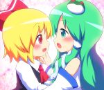  absurdres ayakashi_(monkeypanch) bad_id blonde_hair blush chin_grab fang green_eyes green_hair hair_ornament highres kochiya_sanae multiple_girls red_eyes ribbon rumia touhou yuri 