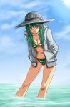  green_eyes green_hair hands_in_pockets hat hoodie leaning_forward long_hair no10 okinotorishima original personification solo striped striped_bikini striped_swimsuit sun_hat swimsuit swimsuit_under_clothes wading water 