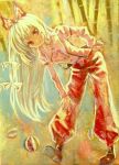  ama-tou ball bamboo bamboo_forest bent_over forest fujiwara_no_mokou hand_on_hip highres leaning_forward long_hair nature pants red_eyes touhou traditional_media white_hair yellow 