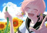  absurdres alternate_hairstyle blush closed_eyes flower happy heart highres hose just_be_friends_(vocaloid) laughing megurine_luka pink_hair pointing school_uniform serafuku short_hair sky smile solo sunflower twintails vocaloid water yunomi 