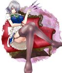  bad_id braid crossed_legs garter_belt hama_(nicononerineri) hamasute izayoi_sakuya knife legs legs_crossed maid maid_headdress red_eyes short_hair silver_hair sitting solo thigh-highs thighhighs touhou twin_braids 