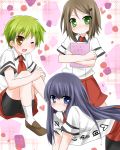  baka_to_test_to_shoukanjuu bike_shorts blush green_eyes green_hair hairclip hujitao kinoshita_yuuko kirishima_shouko kudou_aiko school_uniform short_hair 