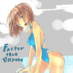  blue_eyes brown_hair competition_swimsuit engrish momi one-piece_swimsuit original ranguage short_hair solo swimsuit typo wet 