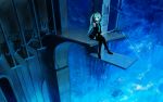  absurdres aqua_eyes aqua_hair blue detached_sleeves fishing hatsune_miku highres long_hair necktie night night_sky scenery sitting skirt sky smile solo spring_onion stairs teralimit themed_object thigh-highs thighhighs twintails very_long_hair vocaloid 