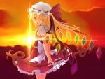  1girl blonde_hair colored flandre_scarlet greave_(artist) hat smile solo sunset touhou wings 