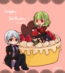  cake chibi food fruit green_hair leviathan_(umineko) necktie pastry red_eyes shirokura silver_hair stakes_of_purgatory strawberry thigh-highs thighhighs umineko_no_naku_koro_ni ushiromiya_kyrie 